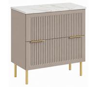 Mueble de baño de pie, 60 cm, frente con diseño de rejilla, 18 mm, acabado en cachemir y placa con aspecto de mármol blanco, tiradores en dos colores, dimensiones: 60 x 46 x 73,6 cm