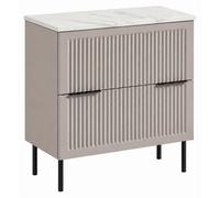 Mueble de baño de pie, 60 cm, frente con diseño de rejilla, 18 mm, acabado en cachemir y placa con aspecto de mármol blanco, tiradores en dos colores, dimensiones: 60 x 46 x 73,6 cm