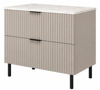Mueble de baño de pie, 80 cm de ancho, frente con diseño de rejilla, 16 mm de grosor, acabado en "cashmere" combinado con placa de aspecto mármol "bianco", tiradores en dos colores, dimensiones: 80 x 