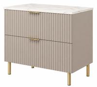 Mueble de baño de pie, 80 cm de ancho, frente con diseño de rejilla, 16 mm de grosor, acabado en "cashmere" combinado con placa de aspecto mármol "bianco", tiradores en dos colores, dimensiones: 80 x 