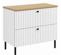 Mueble de baño de pie con tablero de 80 cm, blanco, y tablero de roble claro, tiradores en tres colores, patas negras, dimensiones: 80 x 44,4 x 73,6 cm