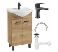 DomoDomo Armario de baño con Lavabo, 85 x 50 x 41 cm, Mueble de baño de pie y Armario bajo de Roble de 50 cm, Elegante Juego con Grifo, Color Negro Mate, tapón Clic-clac, sifón