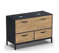Mueble de baño doble sena estilo industrial en color roble gold y negro con 2 cajones, 1 puerta y patas 120x92x50 cm (lavabo opcional) 50 cm