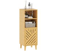 Mueble de baño HOMCOM, mueble de almacenaje, armario de baño con 1 armario, 2 compartimentos abiertos, puerta y patas de bambú, 32x30x90 cm, efecto natural.