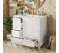 Mueble de baño para debajo del lavabo, con lavabo de cerámica, cajones con tiradores dorados y un desagüe de desbordamiento. Color: blanco