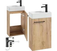 Mueble de baño suspendido con lavabo de roble artesanal de 60x40 y grifo pequeño negro