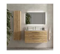 Salgar Mueble de baño Morai 100 cm 100% montado de fábrica Acabado Roble Tirador Negro suspendido 2 cajones Cierre amortiguado Lavabo Porcelana Blanca Marca, 97953