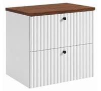 Mueble de baño suspendido con tablero de 60 cm, color blanco, y tablero de roble nogal, tiradores en tres colores, dimensiones: 60 x 44,4 x 58,6 cm
