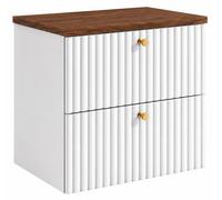 Mueble de baño suspendido con tablero de 60 cm, color blanco, y tablero de roble nogal, tiradores en tres colores, dimensiones: 60 x 44,4 x 58,6 cm