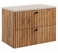 Mueble de baño suspendido con tablero de 80 cm, acabado en roble Craft Gold, y tablero en color cachemir. Tiradores disponibles en tres colores. Dimensiones: 80 x 44,4 x 58,6 cm