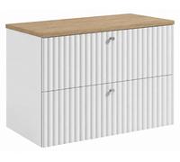 Mueble de baño suspendido con tablero de 80 cm, color blanco, y tablero de roble claro, tiradores disponibles en tres colores, dimensiones: 80 x 44,4 x 58,6 cm
