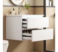 Mueble de baño suspendido de 61 cm, color blanco, con lavabo de cerámica, sensor LED, 2 cajones silenciosos, acabado con pintura completa y diseño compacto
