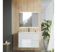 Mueble de Baño Suspendido Fondo Reducido con Lavabo Cerámico| Mueble Volado 2 Cajones | 70 cm Blanco Brillo