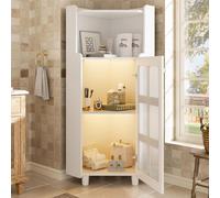 Mueble de esquina blanco Fortuna Lai con acabado en lacado e iluminación LED. Cómoda de esquina moderna con control mediante aplicación, ideal para salón, como estantería o en el baño (63,5 x 124 cm,