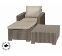Mueble de jardín Keter, juego de mesa + silla + reposapiés, modelo California, color cappuccino