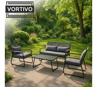 Mueble de jardín VORTIVO, juego de 4 piezas para 4 personas: sofá, 2 sillones, mesa. Estructura de metal y cojines. Ideal para terraza, balcón o jardín