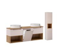 Mueble de lavabo doble riva cashmere y madera 160cm con cesto de ropa y pedestal