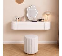 Mueble de maquillaje flotante montado en la pared con espejo y luces LED, elegante escritorio de esquina blanco, tocador compacto de madera con almacenamiento, perfecto para dormitorio o espacios