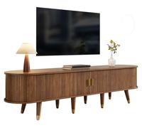 Mueble de televisión de 175 cm, con puerta corredera de ratán, gran capacidad de almacenamiento, estilo rústico, fabricado en MDF, con compartimentos abiertos, cajones y estanterías. Color: nogal