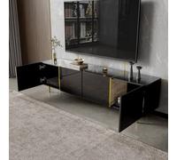 Mueble de televisión de estilo moderno en negro brillante con detalles metálicos y amplias puertas de almacenamiento, ideal para un salón contemporáneo