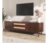 Mueble de televisión de ratán "Moonbite" con puertas de madera maciza y cajones trenzados. Mueble bajo de estilo rústico con puerta corredera y patas de madera, fabricado en MDF, color natural