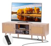 Mueble de televisión de ratán para televisores de 65 pulgadas, con toma de corriente, estantes ajustables y acabado en roble