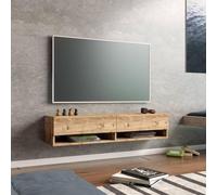 Mueble de televisión – Modelo compacto para pared, con aspecto rústico de roble y dos espacios de almacenamiento