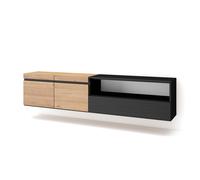 Skraut Home, Mueble de Televisión en melamina de alta calidad con 3 puertas, 203x35x45cm, Veteado de madera, Tacto poroso, Estilo Moderno Elegante OAK/BLACK-C