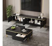 Mueble de televisión STILVORA con gran capacidad de almacenamiento y doble compartimento, mesa de centro con cajones y compartimentos ocultos, juego de muebles de alto brillo con detalles dorados, dis