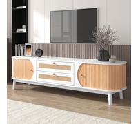 Mueble de televisión STILVORA con puertas y cajón, soporte de televisión con detalles de ratán, frente de madera, solución de almacenamiento, estilo rústico natural