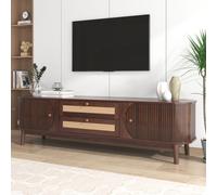 Mueble de televisión STILVORA con puertas y cajón, soporte de televisión con detalles de ratán, frente de madera, solución de almacenamiento, estilo rústico natural