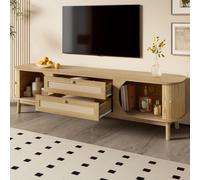 Mueble de televisión STILVORA con puertas y cajones, soporte de televisión con detalles de ratán, frente de madera, solución de almacenamiento, estilo rústico natural