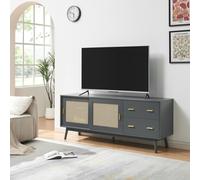 Mueble de televisión "Susa" con 2 puertas correderas y frente de ratán sintético, dimensiones 160 x 40 x 65 cm, color gris