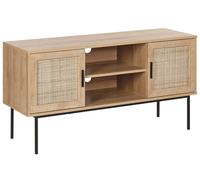Mueble de TV con 2 Puertas Madera Clara Frente de ratán Natural 120 x 63 cm Patas de Metal Mimbre Estilo Boho Pasco