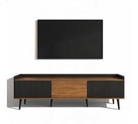 Mueble de TV con 3 puertas y protección antivuelco, 160 cm, color negro y | Mueble de TV y TV con borde elevado y espacio de almacenamiento, para sala de estar, 160 cm, E1, patas de madera maciza