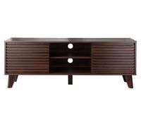 Mueble de TV con puertas correderas, frente con efecto madera ranurada, 135 cm de ancho - FRIBOURG