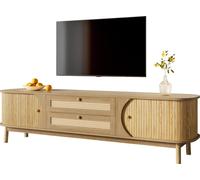 Mueble de TV Fortuna Lai: Mueble de televisión de madera natural con puertas y cajones. Estante para televisión con detalles de ratán. Solución de almacenamiento, estilo rústico natural