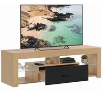 HOMCOM Mueble TV Bajo con Cajón 65" 140x40x45cm Roble | Mueble para TV, estantes de vidrio ajustables, compartimentos abiertos, para salón