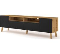 Mueble de TV LUXI de 195 cm, acabado en roble artesanal y mate, modelo 2D1K. Es un mueble aparador/mueble de TV de alta calidad con frentes grabados, estanterías abiertas y diseño de aparador