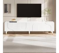 Mueble de TV Merax con diseño asimétrico y detalles en forma de arco, armario de TV con 4 puertas y patas de madera maciza, mueble de TV moderno con estantes internos y sistema de gestión de cables, c