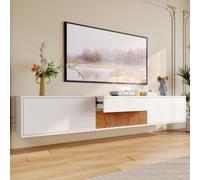 Mueble de TV Merax con estante extensible para proyector, mueble de TV de bajo diseño para montaje en pared con espacio de almacenamiento, mueble de TV con doble espacio de almacenamiento, blanco y ma