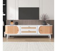 Mueble de TV "Moonbite" en blanco con detalles de madera, armario de ratán con puertas de madera maciza y una puerta corredera, mueble de televisión de estilo rústico, fabricado en MDF, color blanco