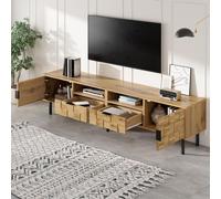 Mueble de TV okwish, bajo con 2 cajones y 2 estantes abiertos. Mesa de TV con patas de metal, diseño de dos puertas, acabado en madera natural
