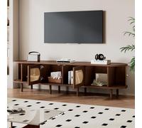 Mueble de TV oval con dos puertas correderas y dos persianas, mueble bajo para televisión con espacio de almacenamiento, diseño de ratán, apto para televisores de hasta 80 pulgadas, color roble