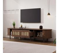 Mueble de TV STILVORA con 2 cajones y puertas con persiana, y gran capacidad de almacenamiento. Mueble bajo de diseño ratán en color oscuro. Mueble de salón en madera de nogal