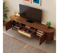Mueble de TV STILVORA con cajones de ratán. Mueble de TV con estantes abiertos y superficie de mesa redondeada. Muebles para sala de estar con patas de metal con aspecto de madera. Mueble multifuncion