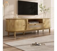 Mueble de TV STILVORA con puertas y cajones de ratán, con gran capacidad de almacenamiento. Mueble de TV con puertas correderas y patas de madera maciza. Mueble bajo para televisión de estilo rústico,