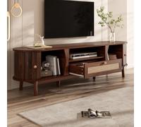 Mueble de TV STILVORA con puertas y cajones de ratán, con gran capacidad de almacenamiento. Mueble de TV con puertas correderas y patas de madera maciza. Mueble bajo para televisión de estilo rústico