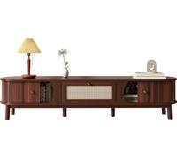 Mueble de TV Sweiko: mueble para televisión con puertas de madera natural y cajones de ratán. Soluciones de almacenamiento naturales para un ambiente rústico