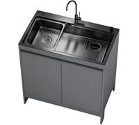 Mueble Fregadero Lavadero, Armario de Aluminio de Nido de Abeja Impermeable con Fregadero de Acero Inoxidable Negro Nano, Lavadero Portante Exterior/Interior con Grifo Cuello de Cisne, Blanco/Gris